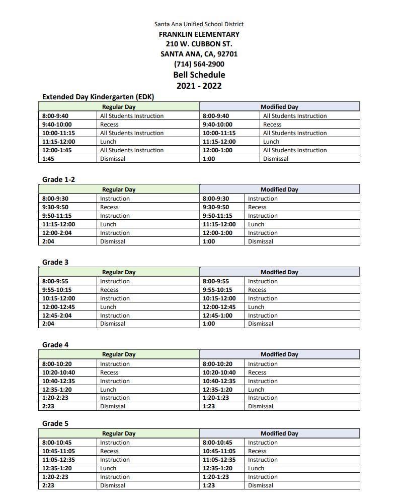  Franklin Elementary Bell Schedule 